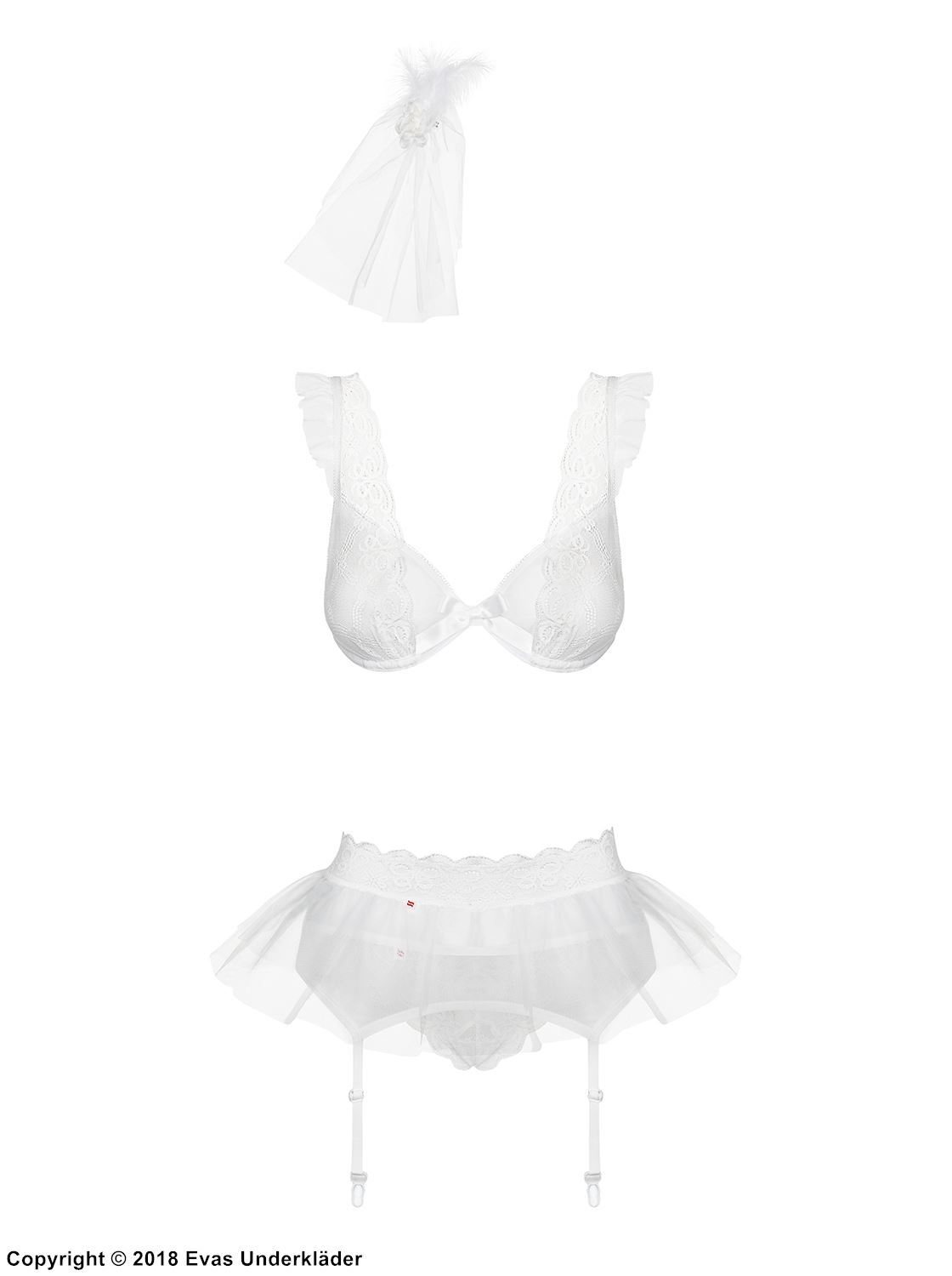 Romantic lingerie set, bow, lace ruffles, veil, bridal style